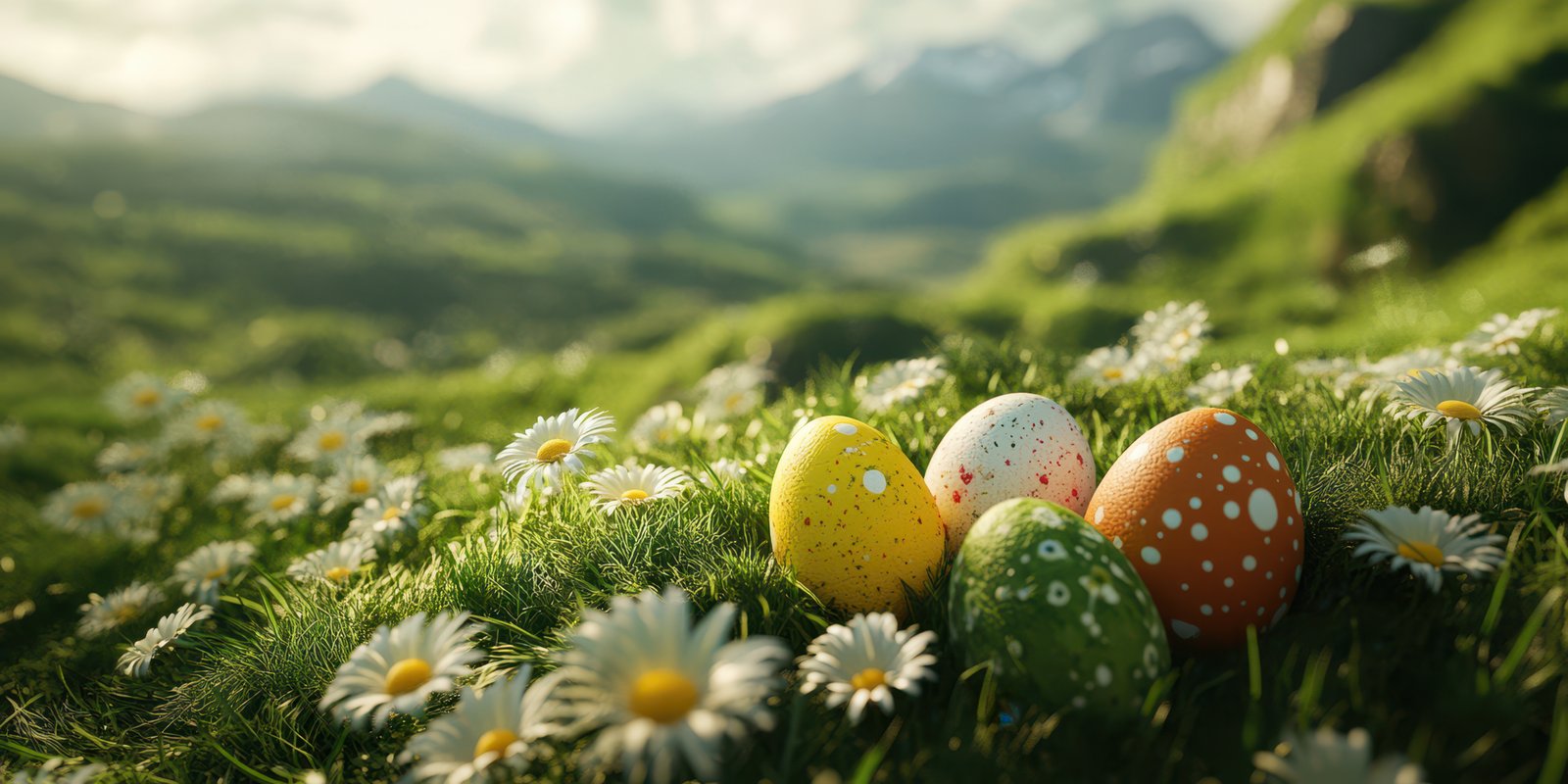 Colorful Easter eggs hidden among daisies in a vibrant meadow during springtime